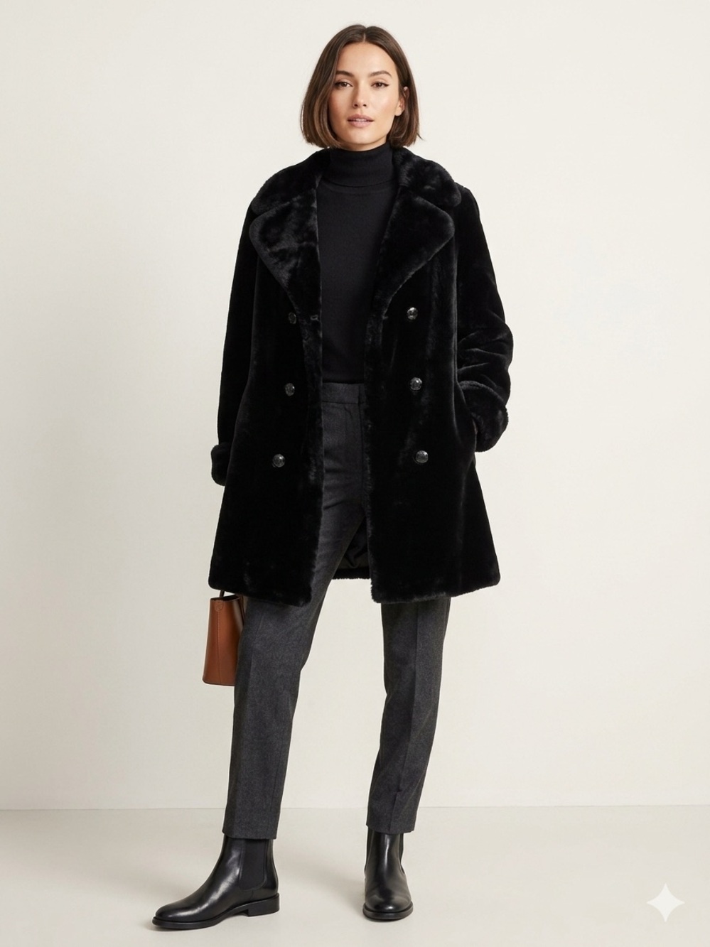 Plush Black Teddy Coat with Double-Breasted Front